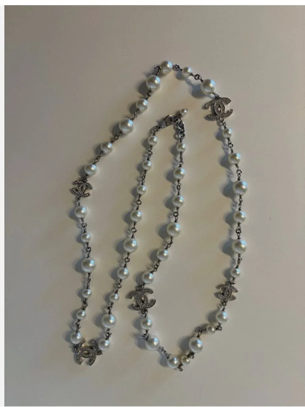 Authentic Chanel Pearl Crystal CC Logo Long Neckalce Ruthenium w Receipt T triba